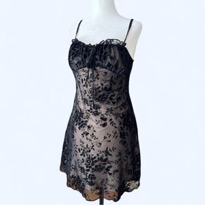 Black Floral Lace Mesh Romantic Ruched Tie Front Mini Dress Goth Fairy Coquette